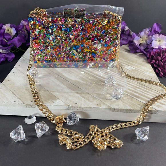 Boutique Handbags - Multi Color Confetti Acrylic Clutch Crossbody Purse with Gold Chain